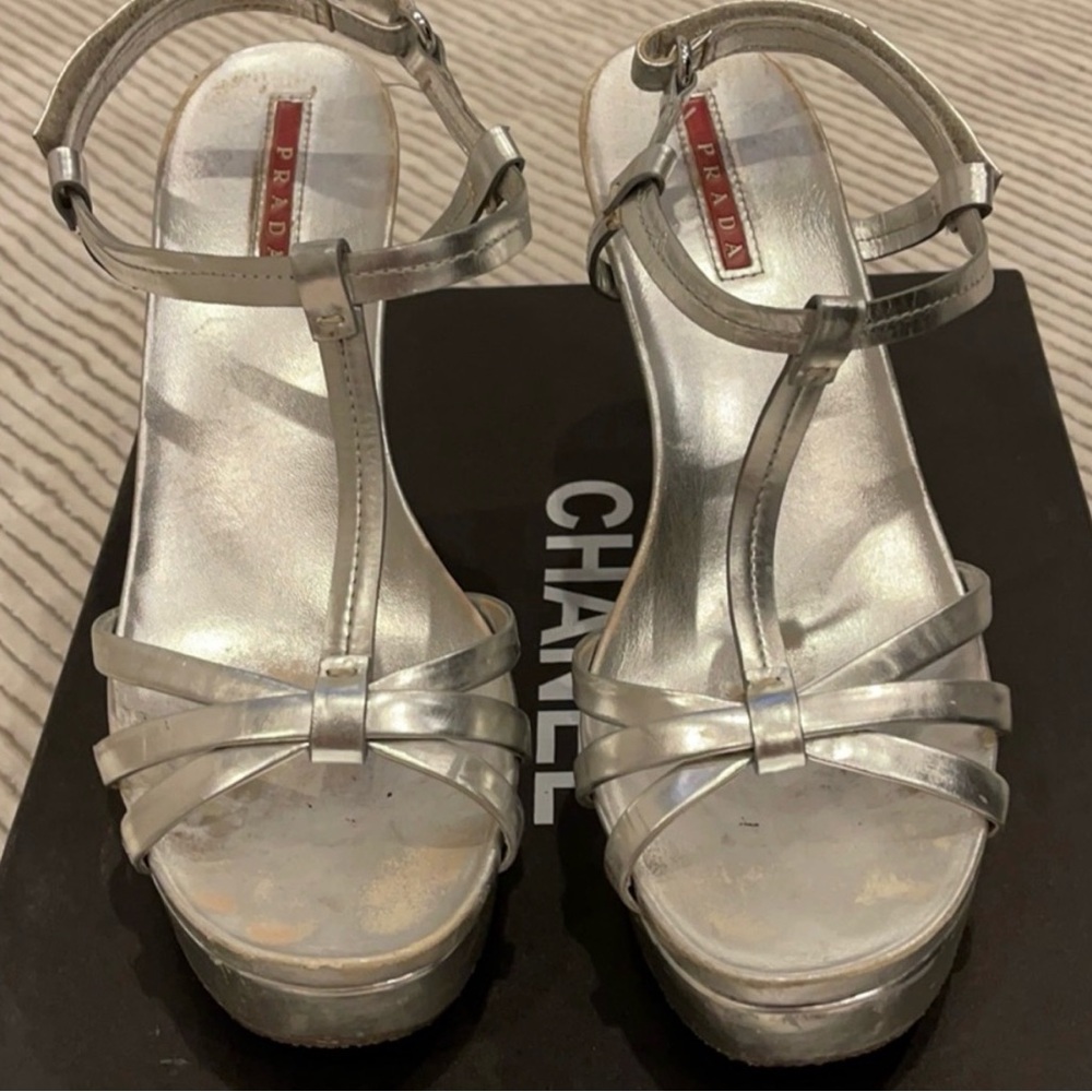 Prada Metallic Silver Wedge Sandals - Picture 2 of 9